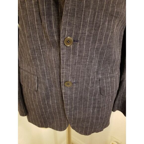 Zara Blazer US 36 Womens 100% Flax Blue White Striped Single Breasted - Picture 2 of 8